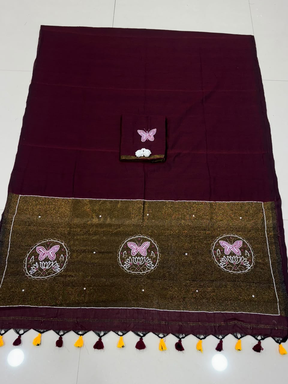 Premium Handcrafted Designer Saree with Golden Border, Floral Butterfly Embroidery & Colorful Tassel Work - BROWN