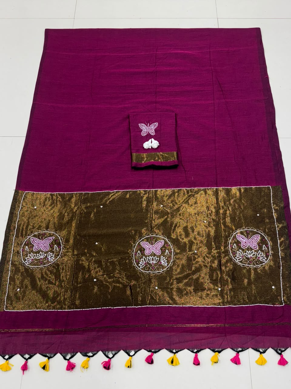 Premium Handcrafted Designer Saree with Golden Border, Floral Butterfly Embroidery & Colorful Tassel Work - PINK