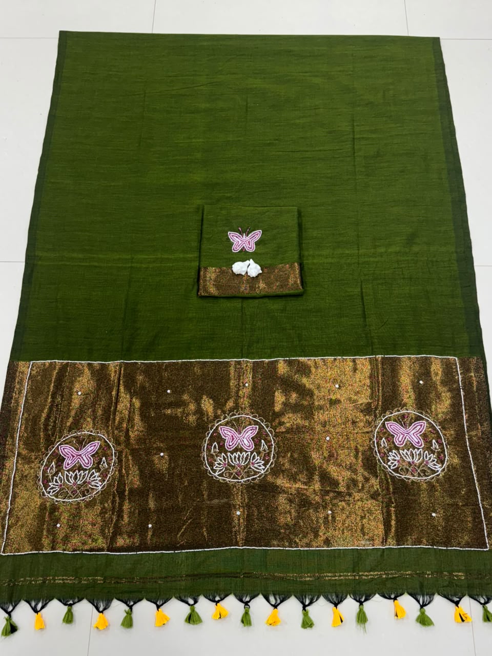 Premium Handcrafted Designer Saree with Golden Border, Floral Butterfly Embroidery & Colorful Tassel Work - GREEN