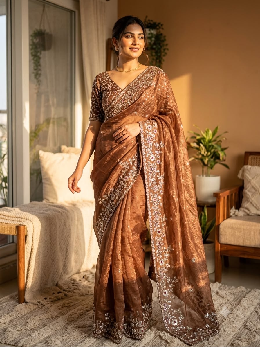 Luxury  Saree with All-Over Floral Embroidery, Embellished Border and Designer Blouse  -BROWN COPPER