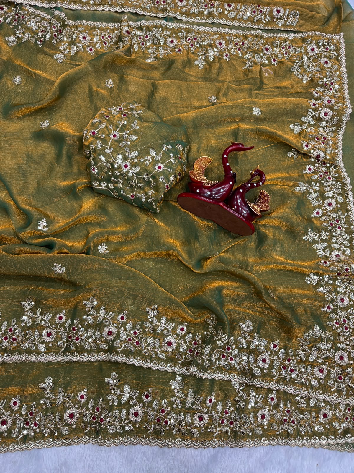 Luxury  Saree with All-Over Floral Embroidery, Embellished Border and Designer Blouse  -MAHENDI