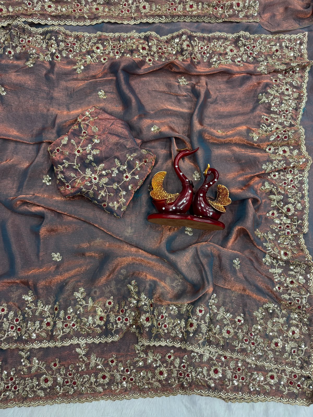 Luxury  Saree with All-Over Floral Embroidery, Embellished Border and Designer Blouse  -COPPER  ROSE BROWN