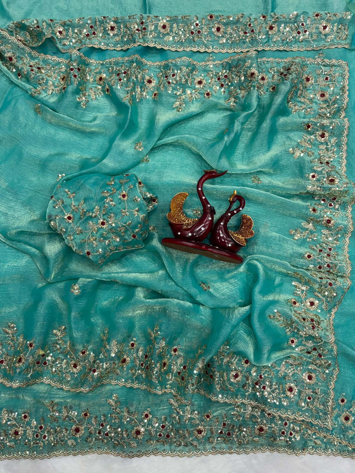 Luxury  Saree with All-Over Floral Embroidery, Embellished Border and Designer Blouse  -SKY BLUE