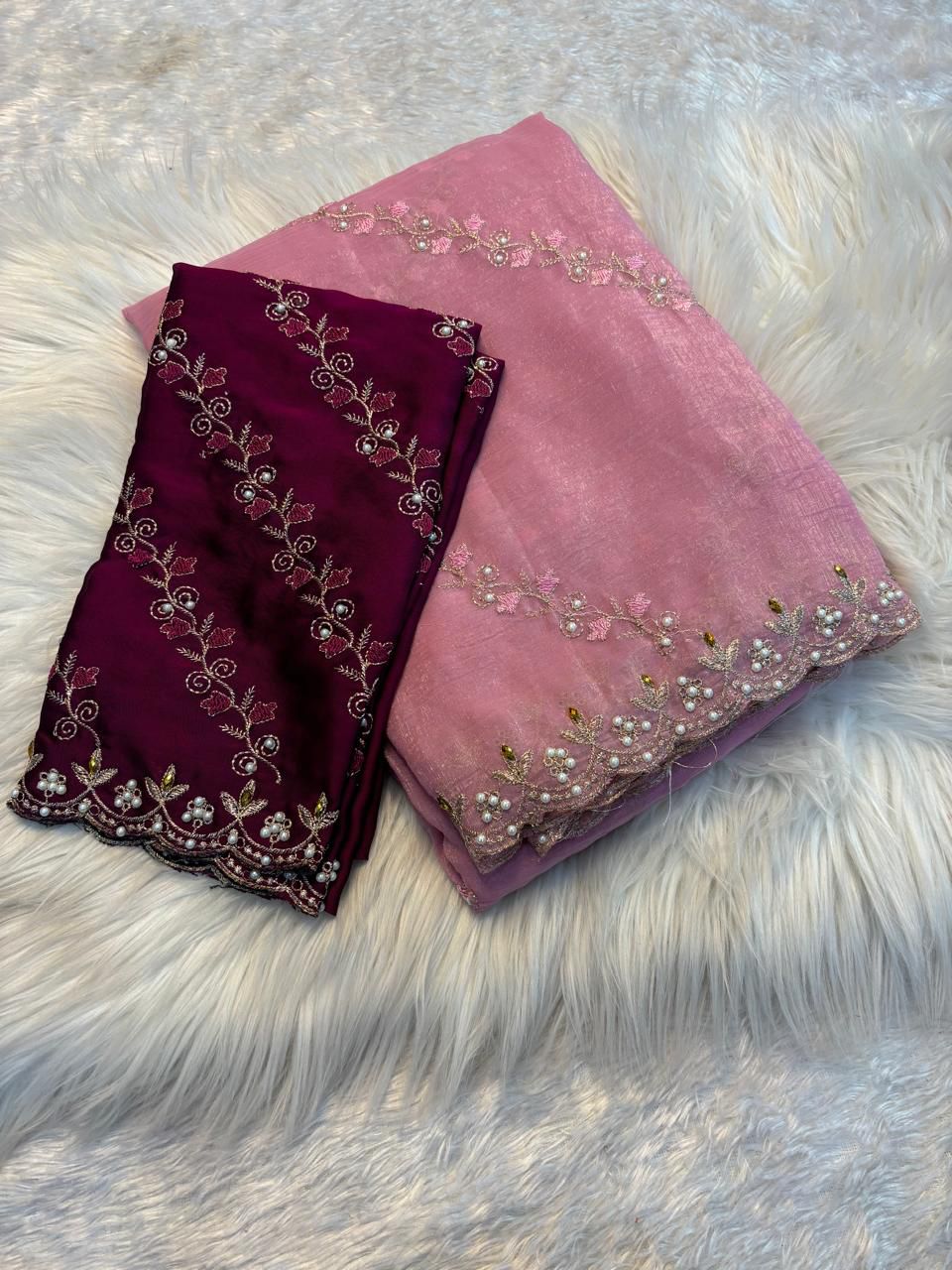 Soft Crunchy Embroidery Saree with Stone Work & Cutwork Finish- PINK