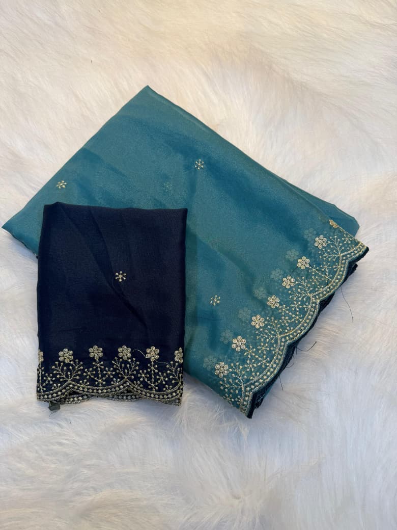 Stunning Embroidery Work Party Wear Saree SKY BLUE