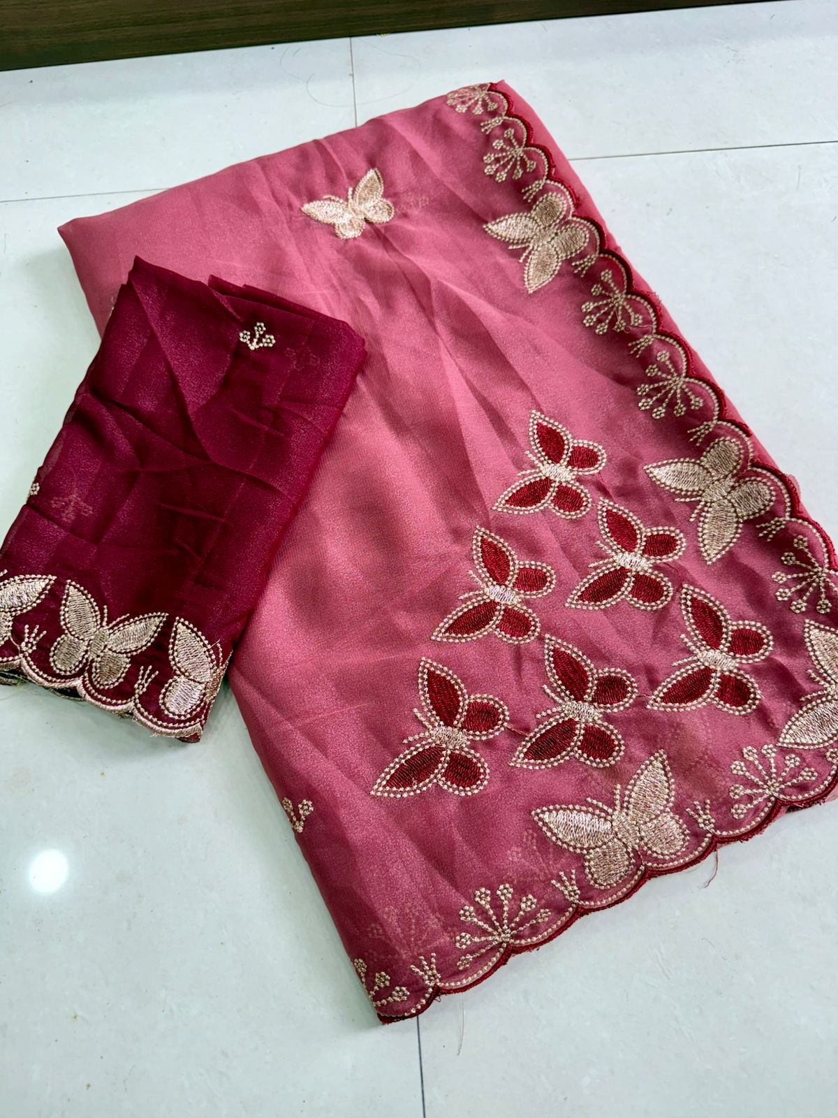 Designer Star Georgette Saree with Multi Embroidery Work - DARK PINK