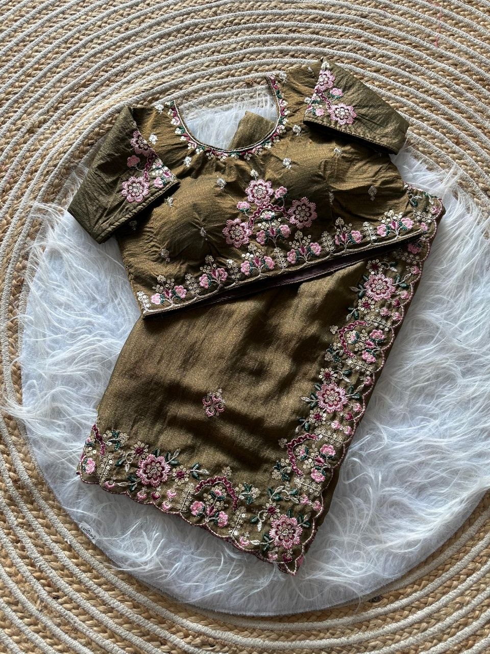 Luxury Khadi Moss Silk Designer Saree -MAHENDI