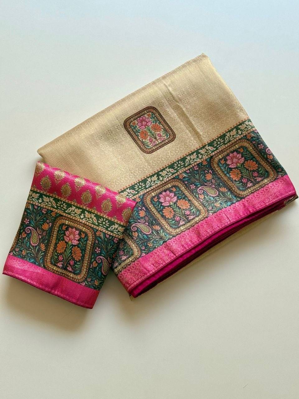 Roopkala Premium Jari Weaving Softy Silk Saree -   CREAM AND PINK