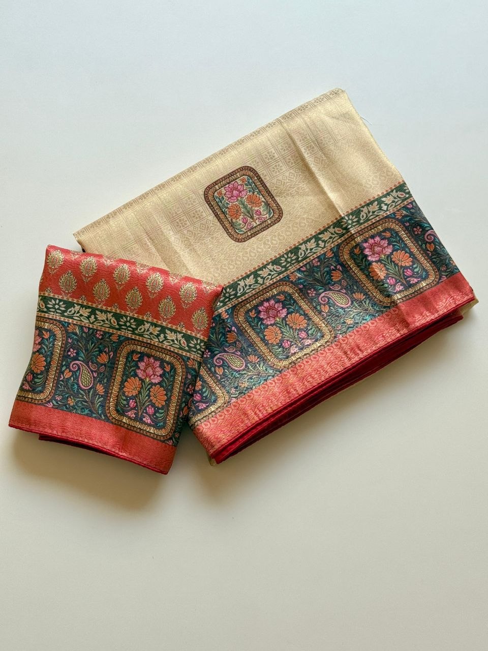 Roopkala Premium Jari Weaving Softy Silk Saree -   CREAM AND ORANGE
