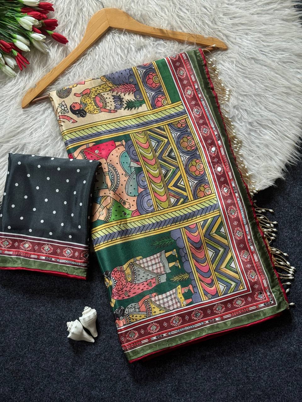 Heritage Dancer – Statement Art Print Saree - GREEN