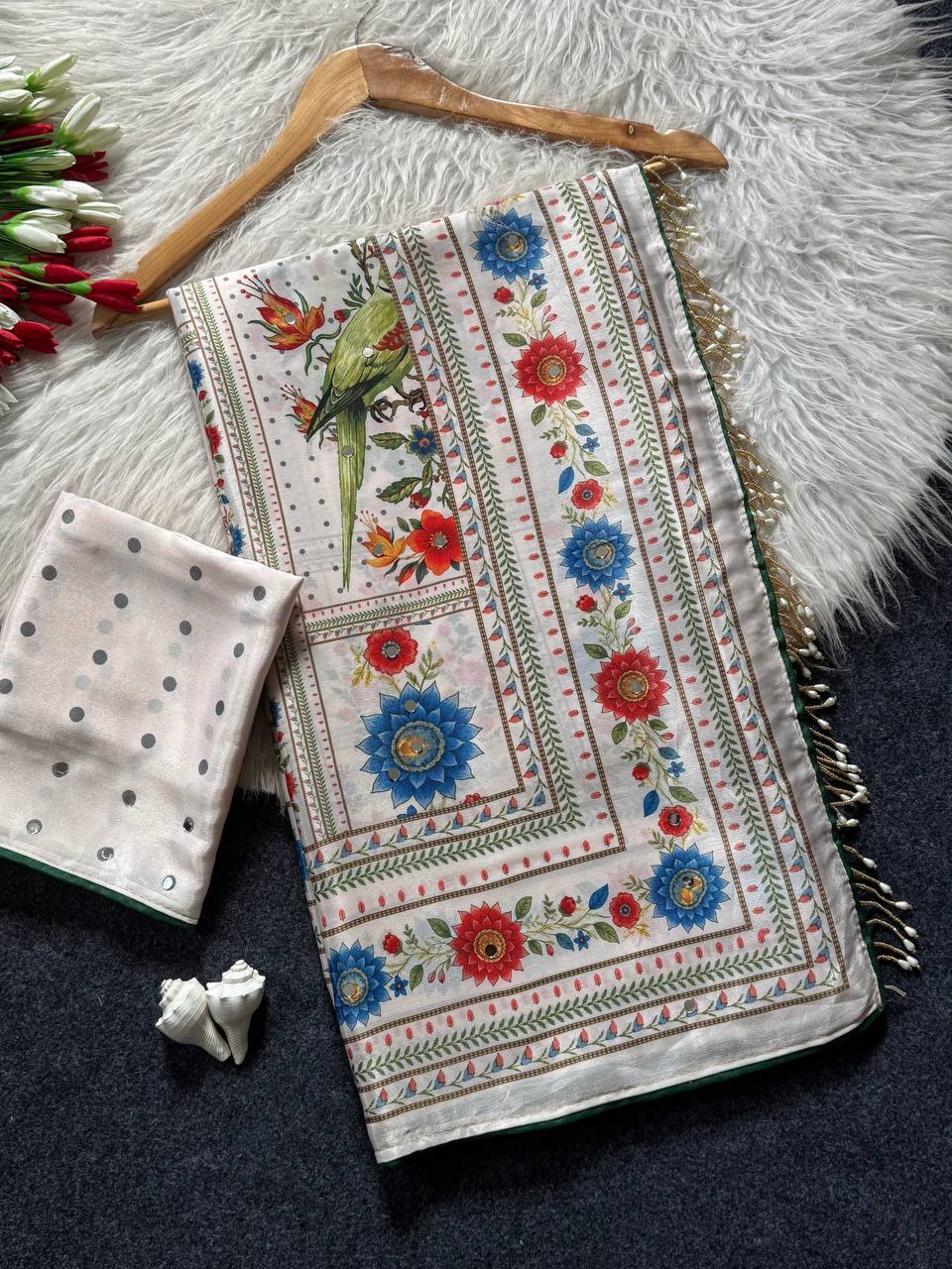 Heritage Dancer – Statement Art Print Saree - WHITE