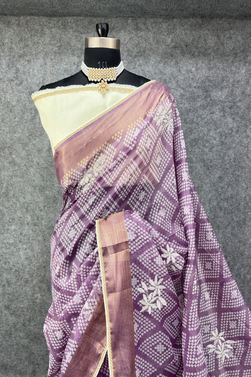 Elegant Printed Saree with Floral Buti Design - PURPLE & WHITE