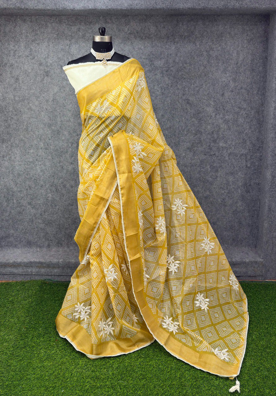 Elegant Printed Saree with Floral Buti Design - YELLOW & WHITE