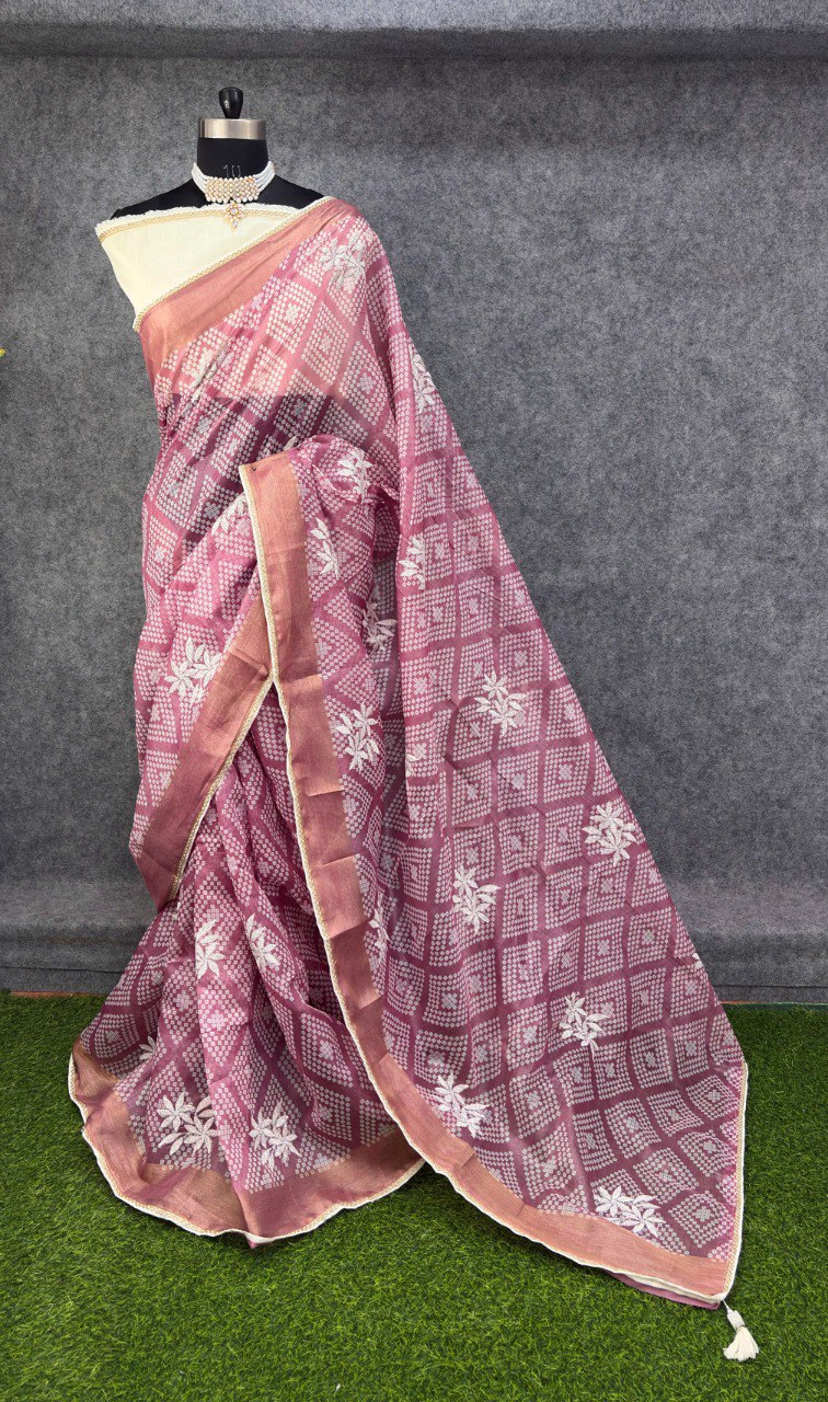 Elegant Printed Saree with Floral Buti Design - ONION PINK & WHITE