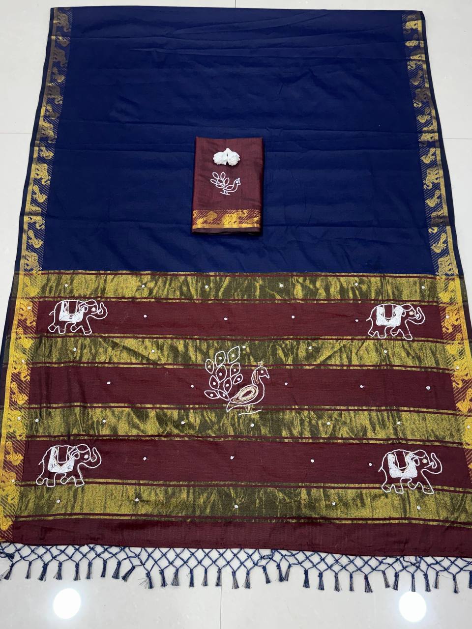 Traditional Cotton Saree with Peacock, Elephant Embroidery & Designer Blouse -DARK BLUE