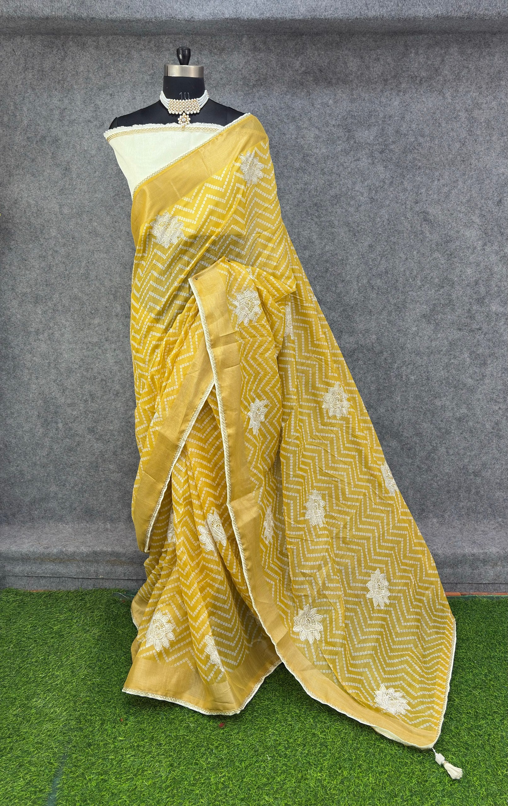 Elegant  Zigzag Designer Saree with Floral Buti Work - YELLOW & SILVER