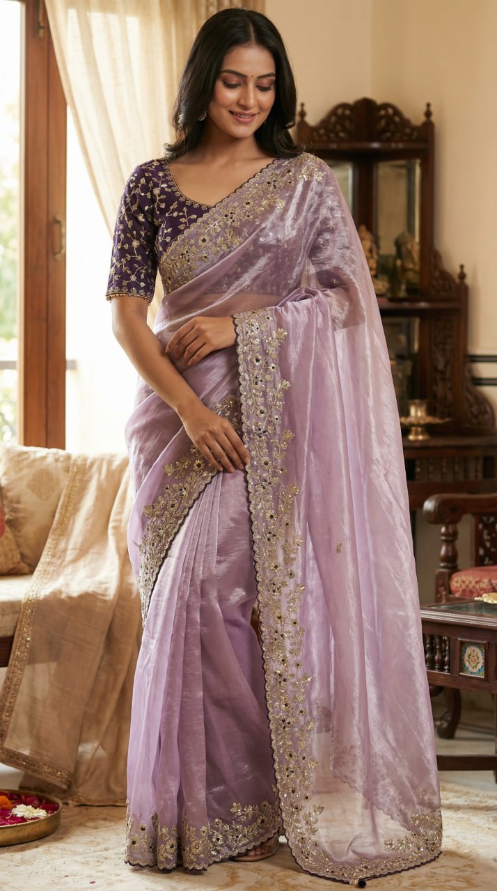 Designer Fandy Satin Saree with 3mm Sequins Pallu & Cutwork Border –LIGHT PURPLE
