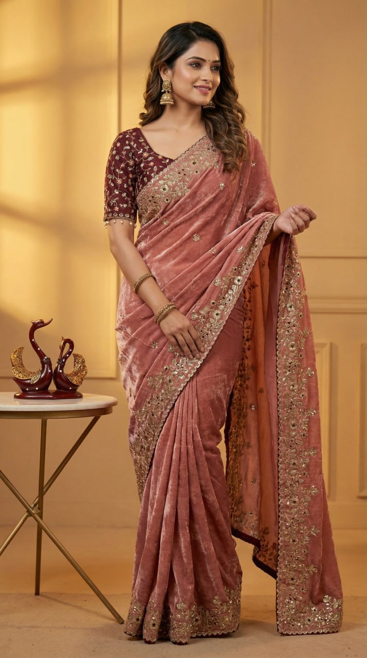 Designer Fandy Satin Saree with 3mm Sequins Pallu & Cutwork Border –PEACH