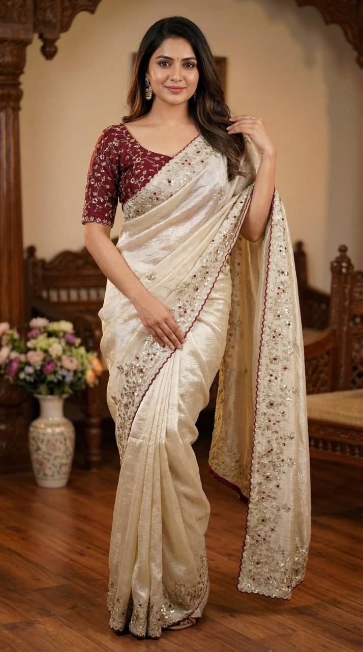 Designer Fandy Satin Saree with 3mm Sequins Pallu & Cutwork Border –WHITE