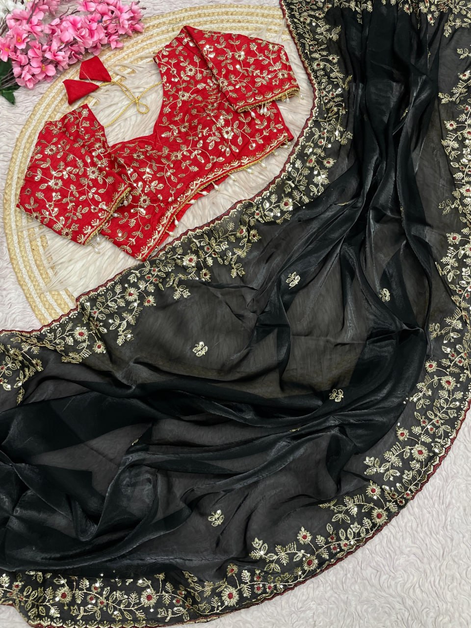 Designer Fandy Satin Saree with 3mm Sequins Pallu & Cutwork Border –BLACK