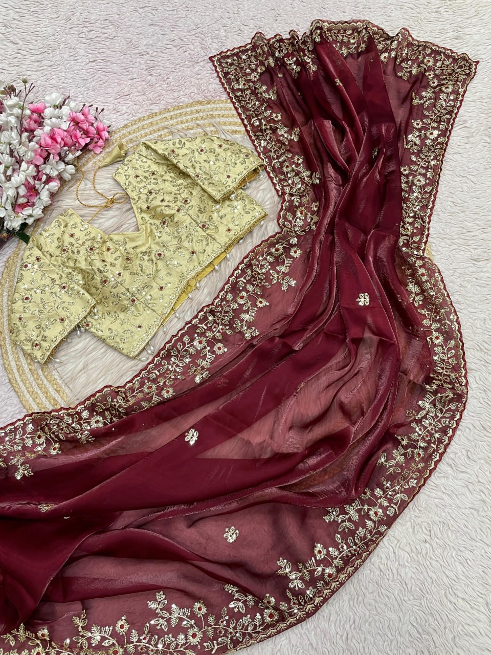 Designer Fandy Satin Saree with 3mm Sequins Pallu & Cutwork Border –MAROON