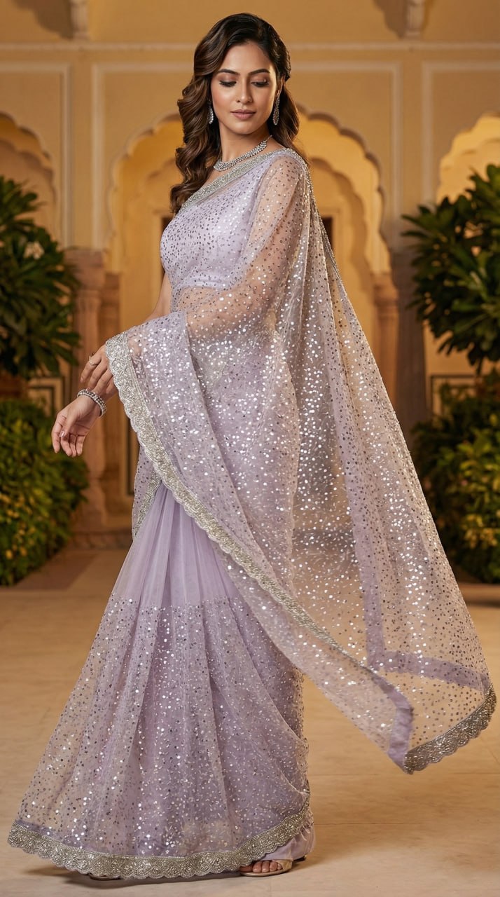 Elegant Pure Soft Net Saree with Original Beads Work & Designer Cutwork Border -LIGHT PURPLE