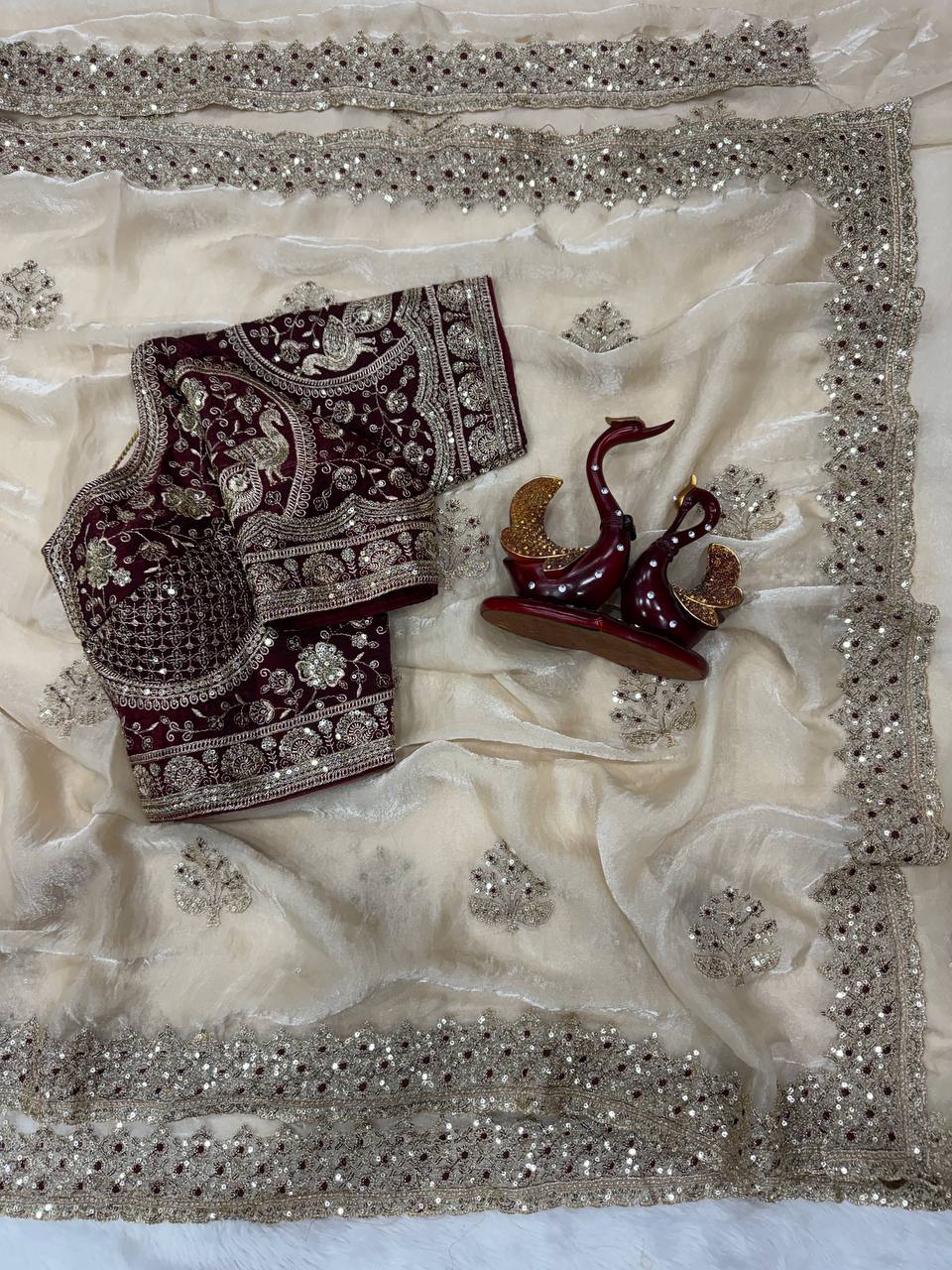 Zarmina Royale Satin Saree-  OFF WHITE