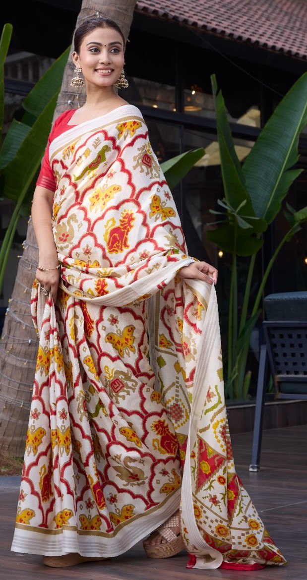 Elegance Premium Soft Tusser Floral Printed Designer Saree with Rich Heavy Weaving Border & Contrast Blouse Piece - OFF WHITE