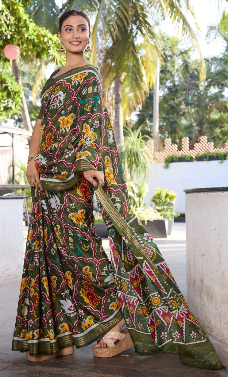 Elegance Premium Soft Tusser Floral Printed Designer Saree with Rich Heavy Weaving Border & Contrast Blouse Piece - MAHENDI