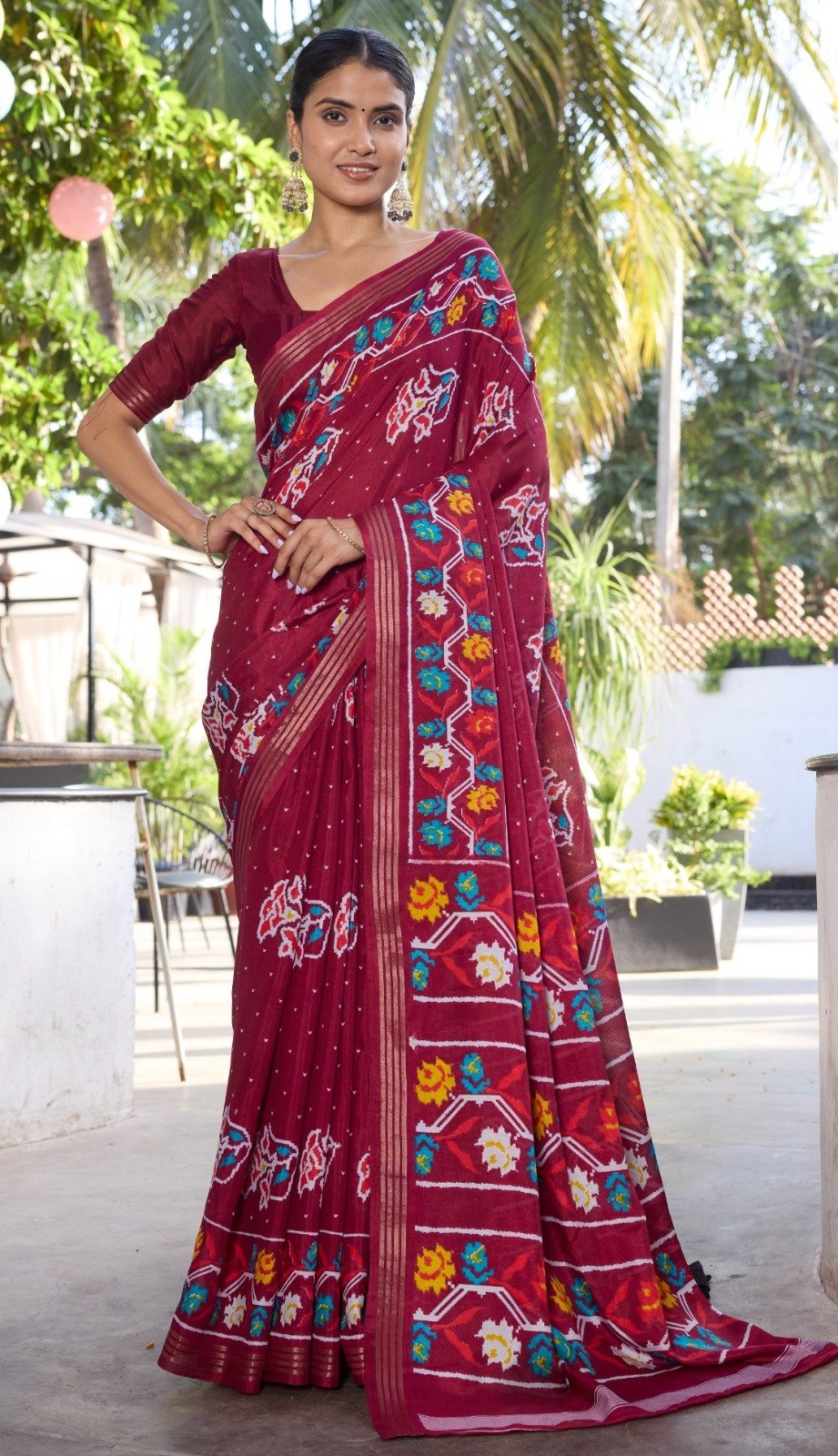 Elegance Premium Soft Tusser Floral Printed Designer Saree with Rich Heavy Weaving Border & Contrast Blouse Piece - MARRON