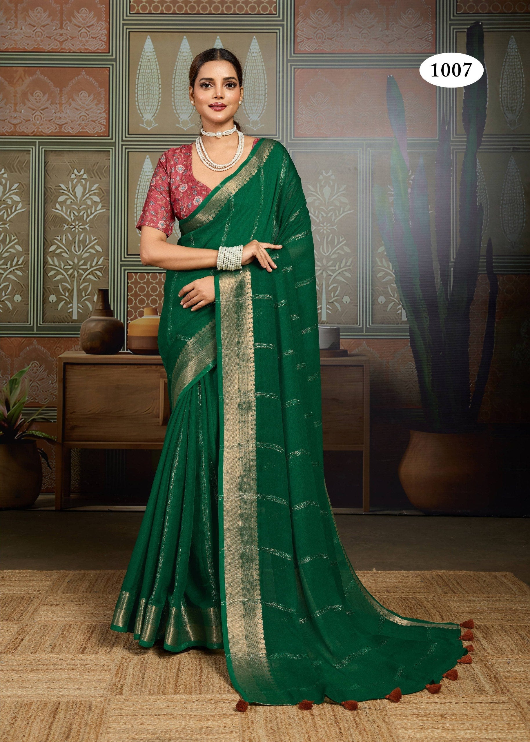 Premium Tusser Weaving Saree with Zari Border & Digital Blouse - GREEN