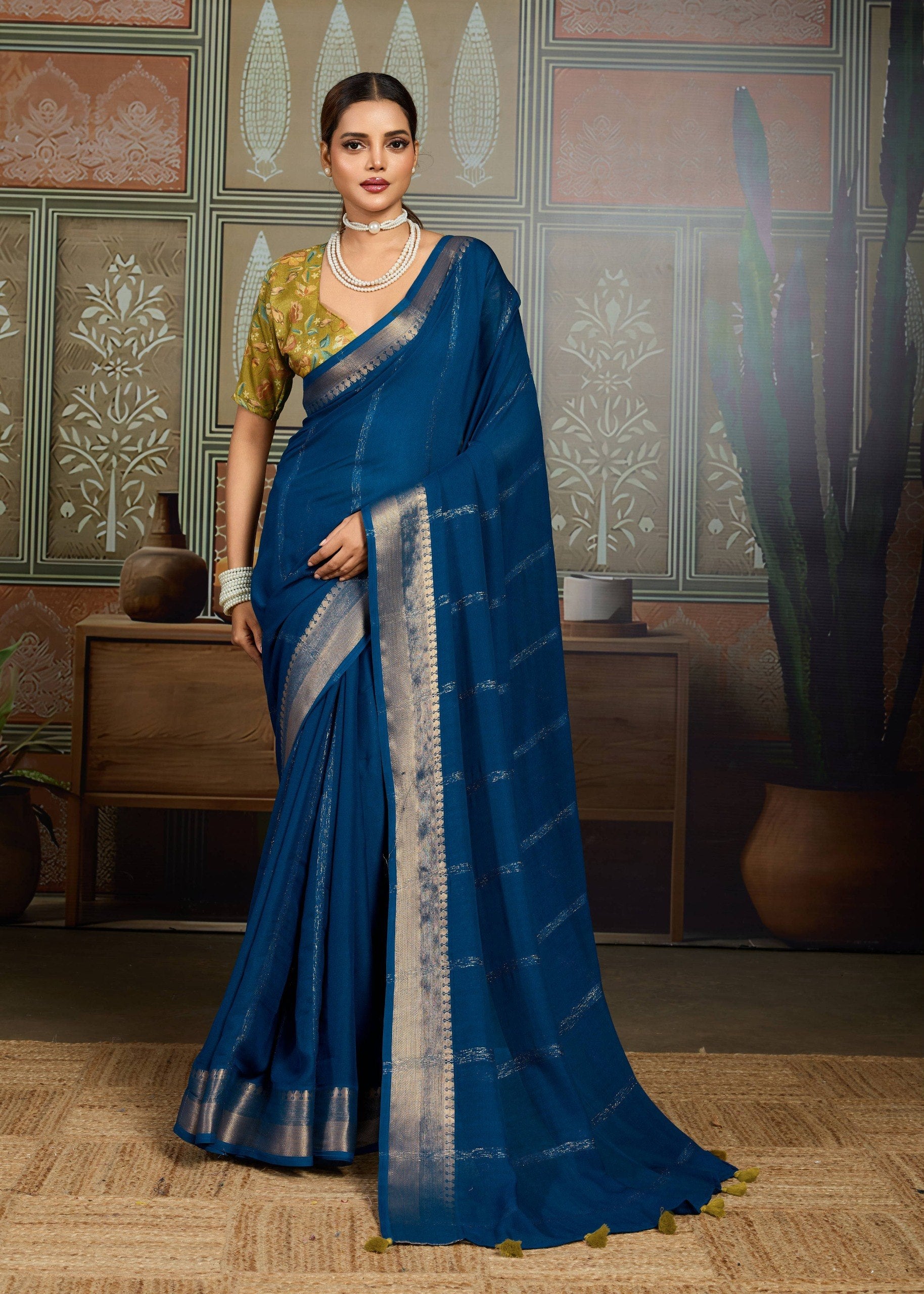 Premium Tusser Weaving Saree with Zari Border & Digital Blouse - BLUE