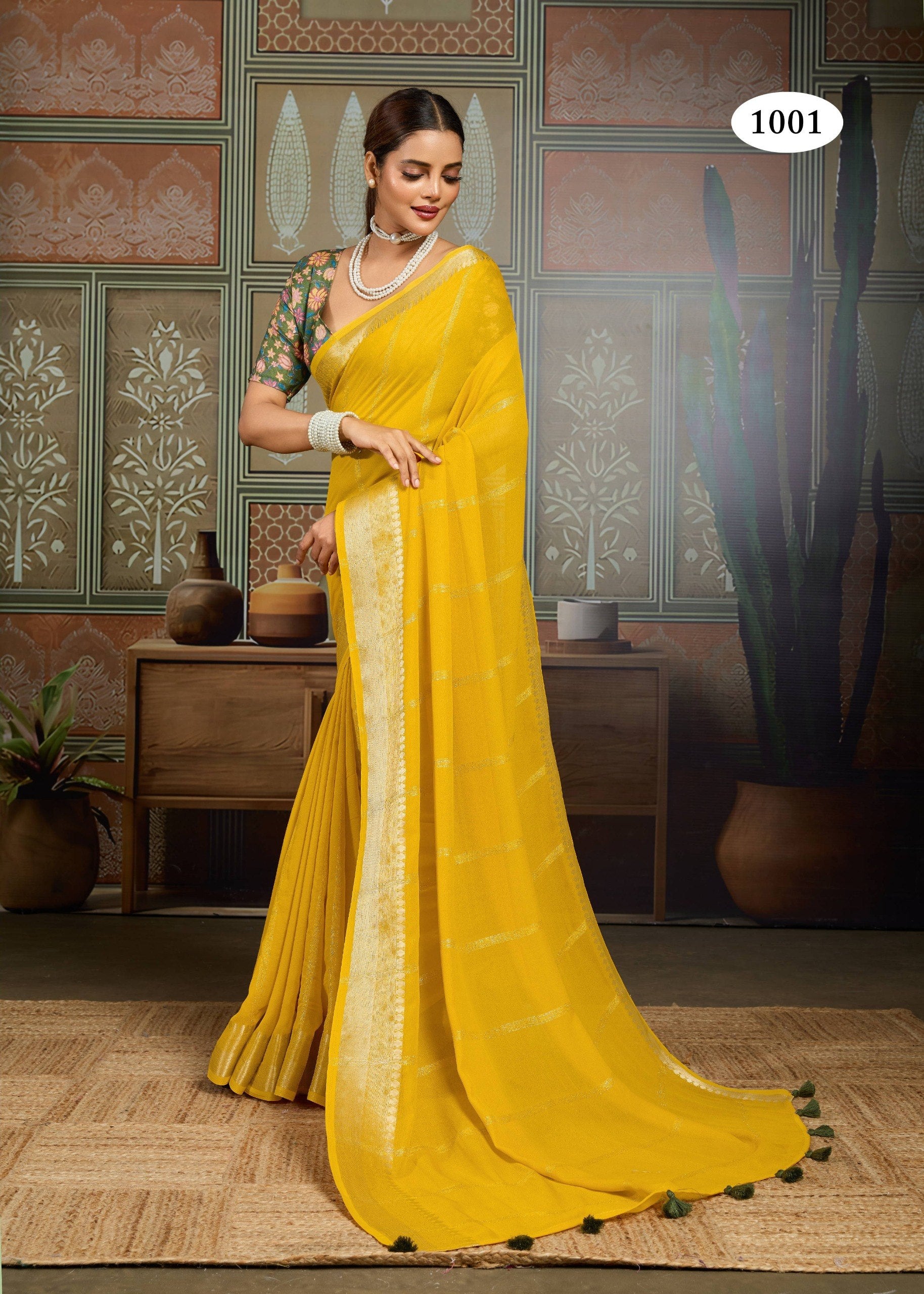Premium Tusser Weaving Saree with Zari Border & Digital Blouse -YELLOW