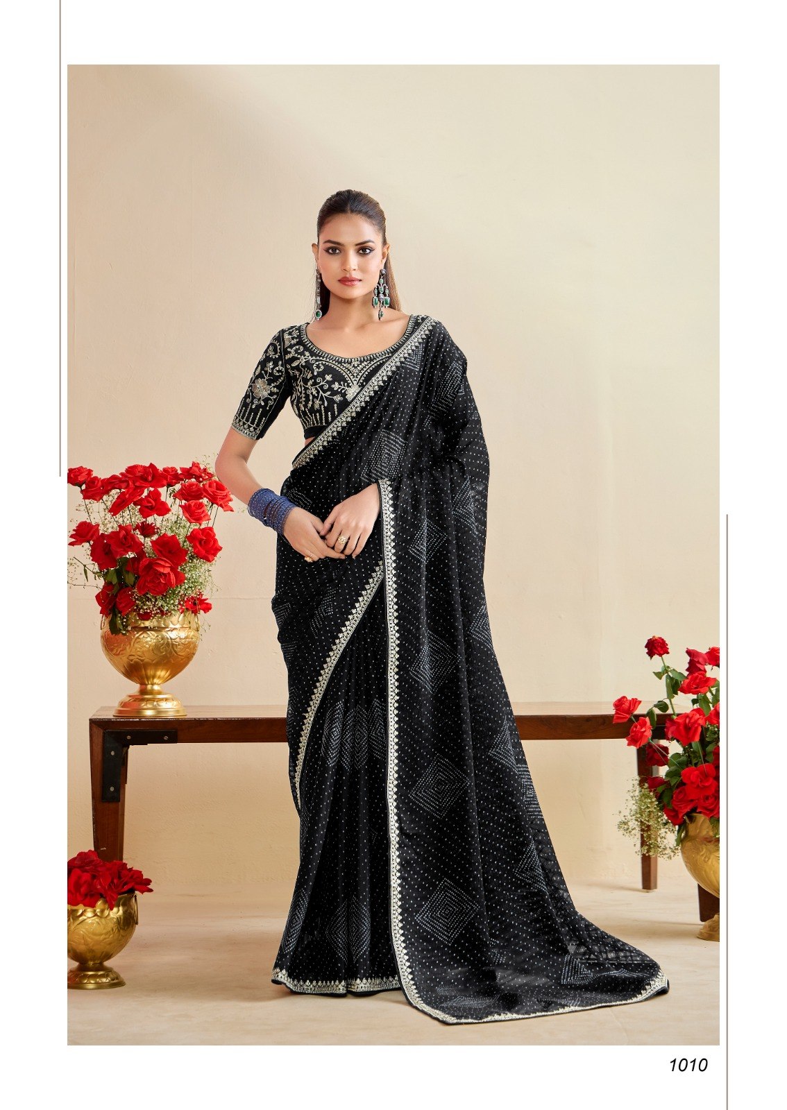 Premium Georgette Bandhani Print Saree with Sequin Embroidery Border & Heavy Designer Blouse - BLACK