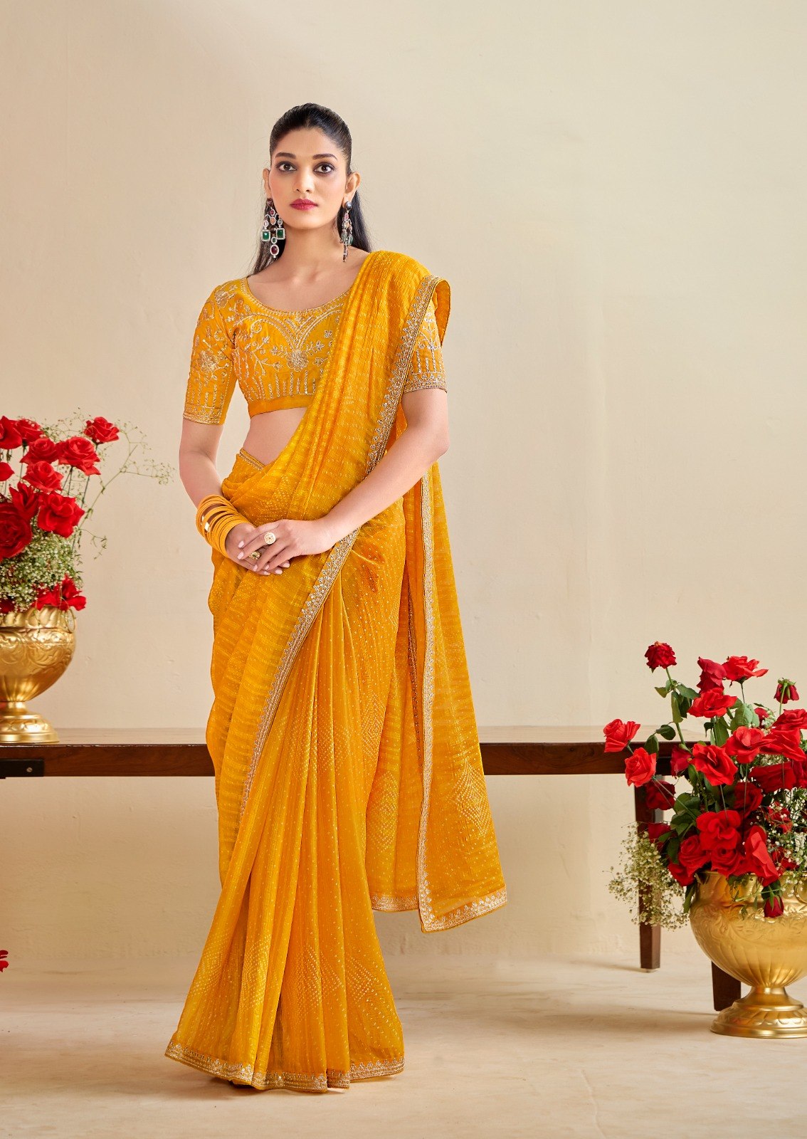 Premium Georgette Bandhani Print Saree with Sequin Embroidery Border & Heavy Designer Blouse - YELLOW