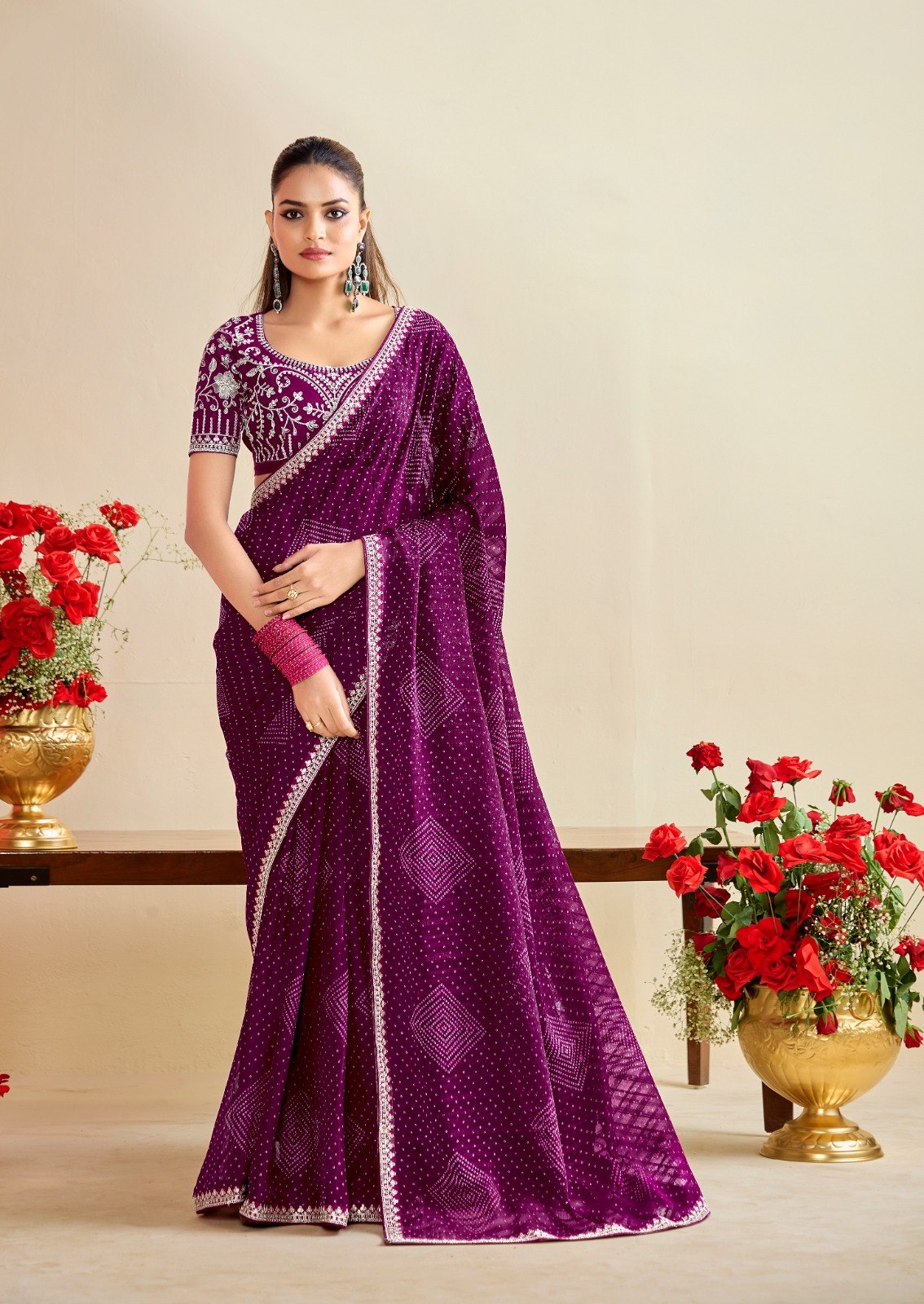 Premium Georgette Bandhani Print Saree with Sequin Embroidery Border & Heavy Designer Blouse - WINE