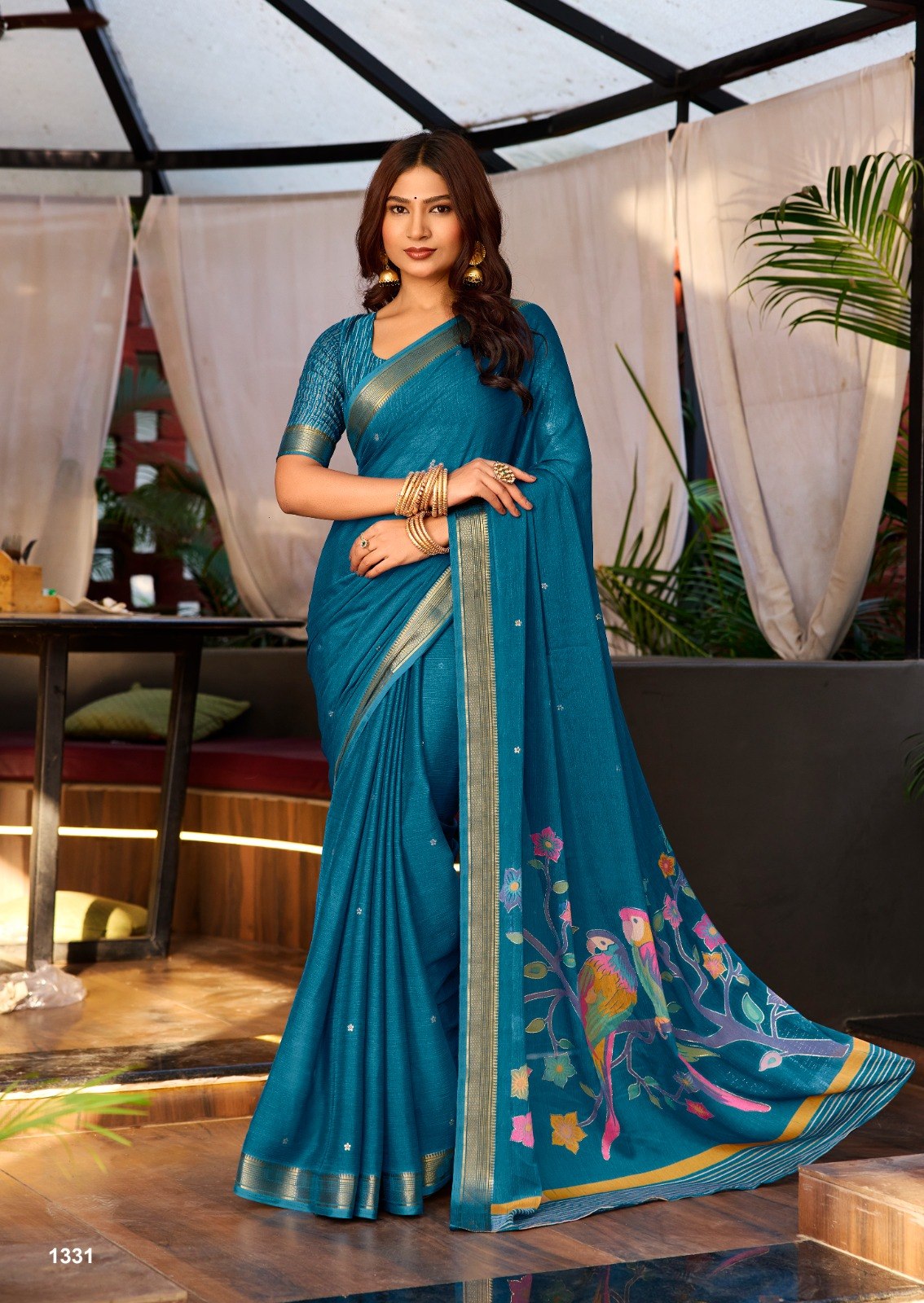 Premium Chinno Viscose Saree with Zari Butti & Parrot Foil Pallu - RAMA