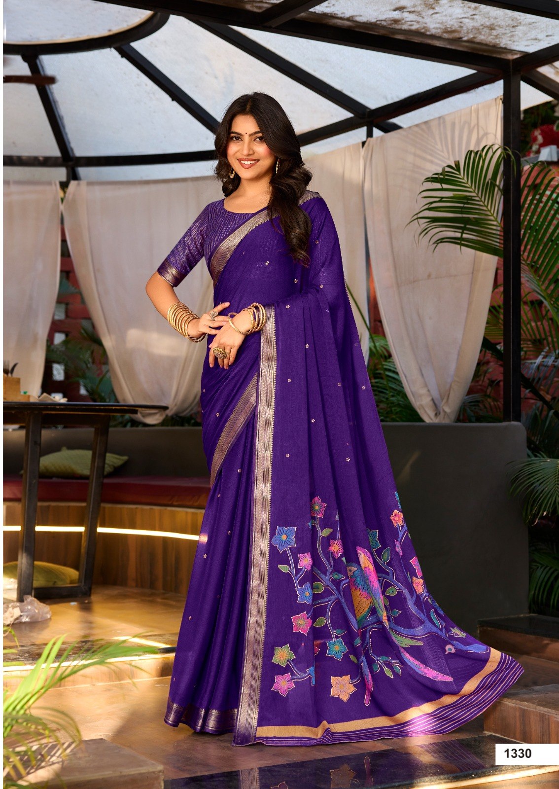Premium Chinno Viscose Saree with Zari Butti & Parrot Foil Pallu - PURPLE