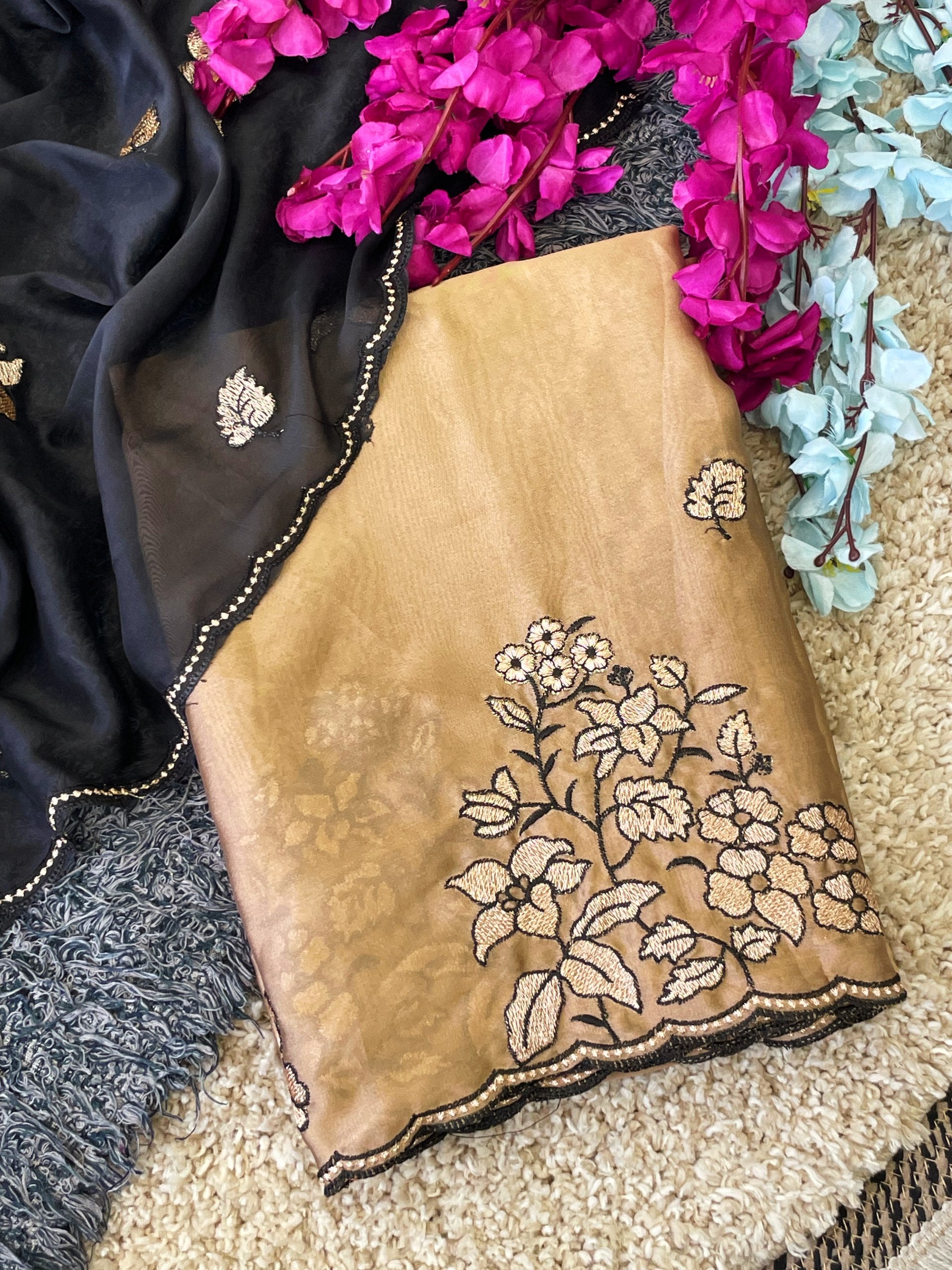 Elegance Premium Rangoli Silk Saree with Floral Zari Embroidery & Designer Blouse - GREY