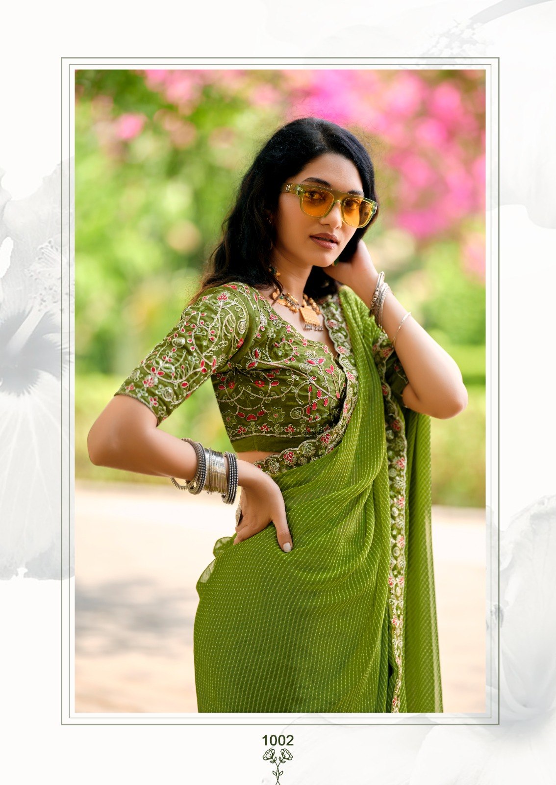 Premium Georgette Leheriya Mothda Print Saree with Embroidery Sequence Lace Border & Designer Blouse Piece -GREEN
