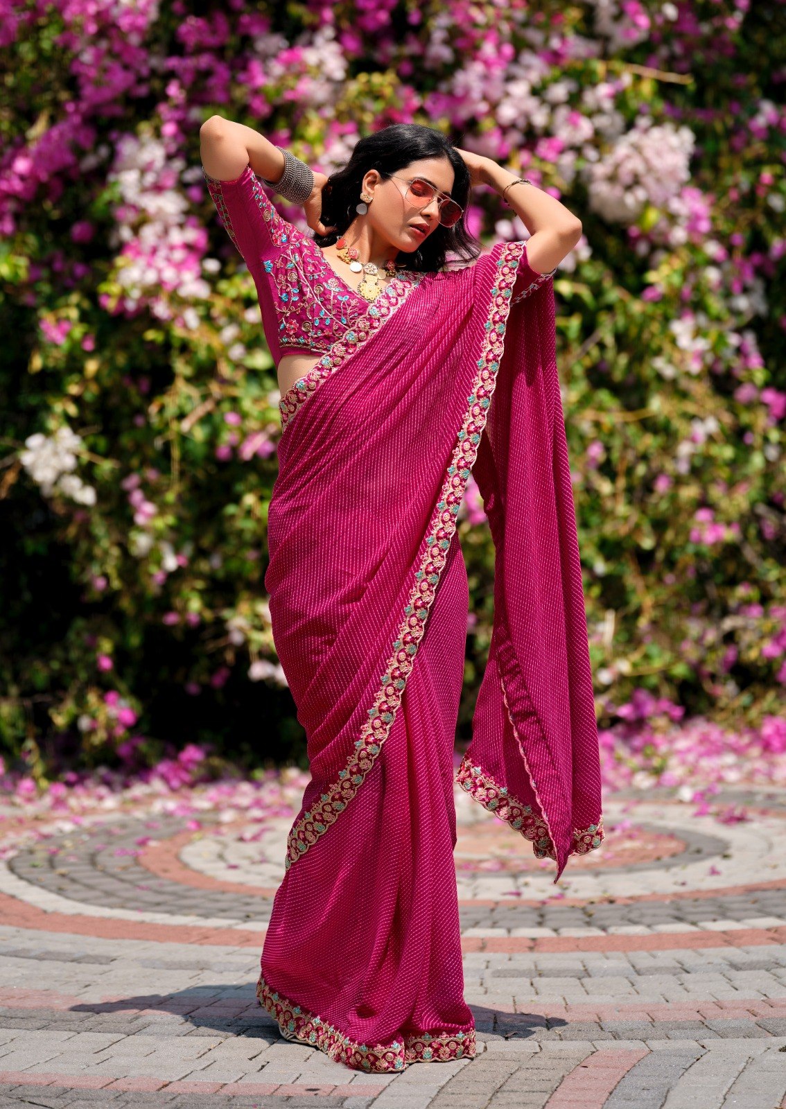 Premium Georgette Leheriya Mothda Print Saree with Embroidery Sequence Lace Border & Designer Blouse Piece -PINK