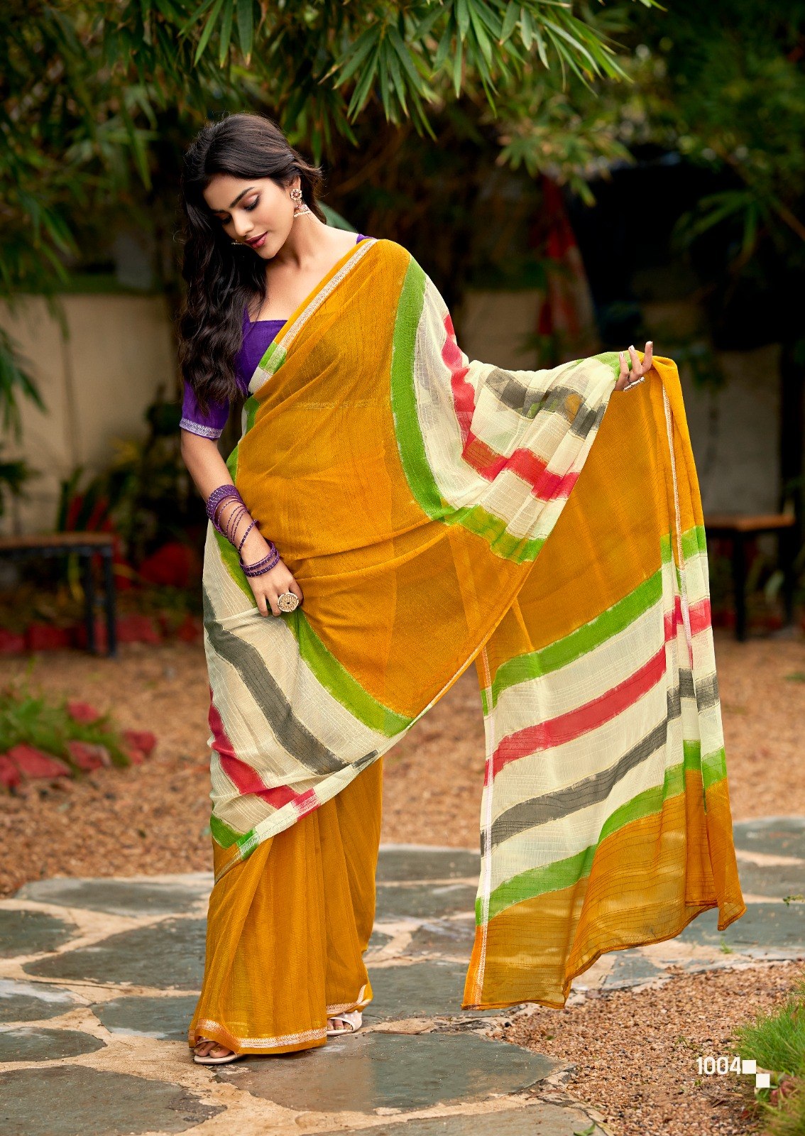 Graceful Chiffon Saree with Artistic Brush Print and Woven Border -YELLOW