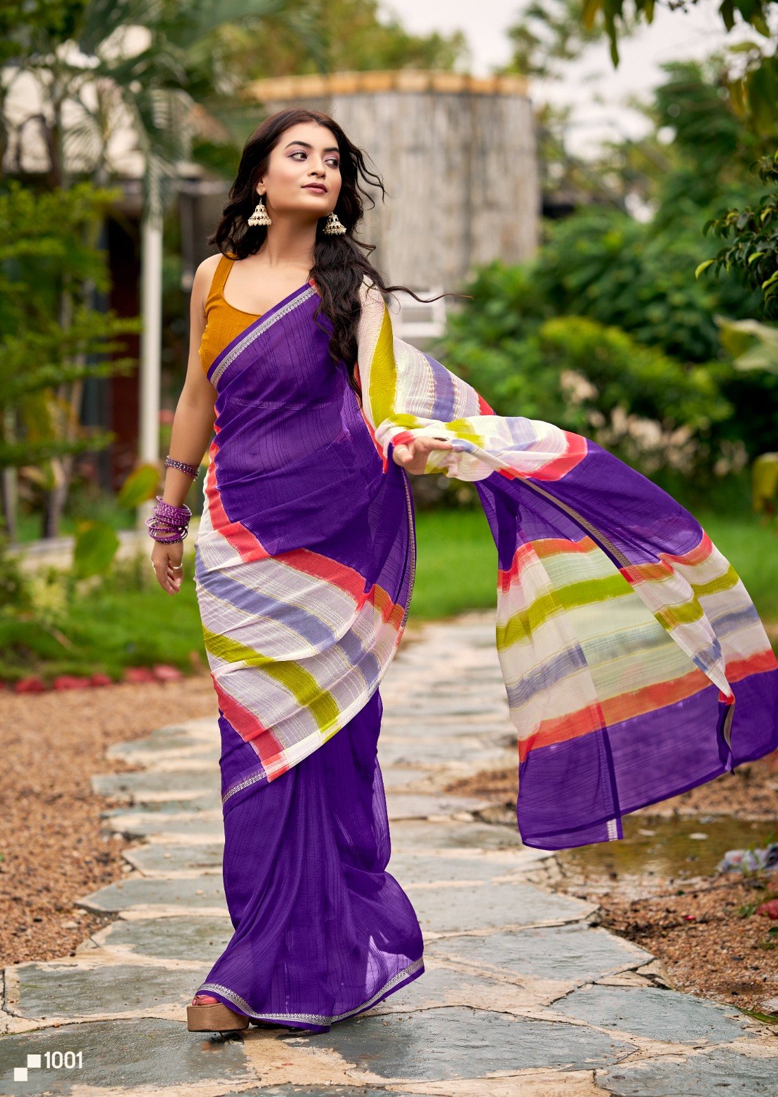 Graceful Chiffon Saree with Artistic Brush Print and Woven Border -PURPLE