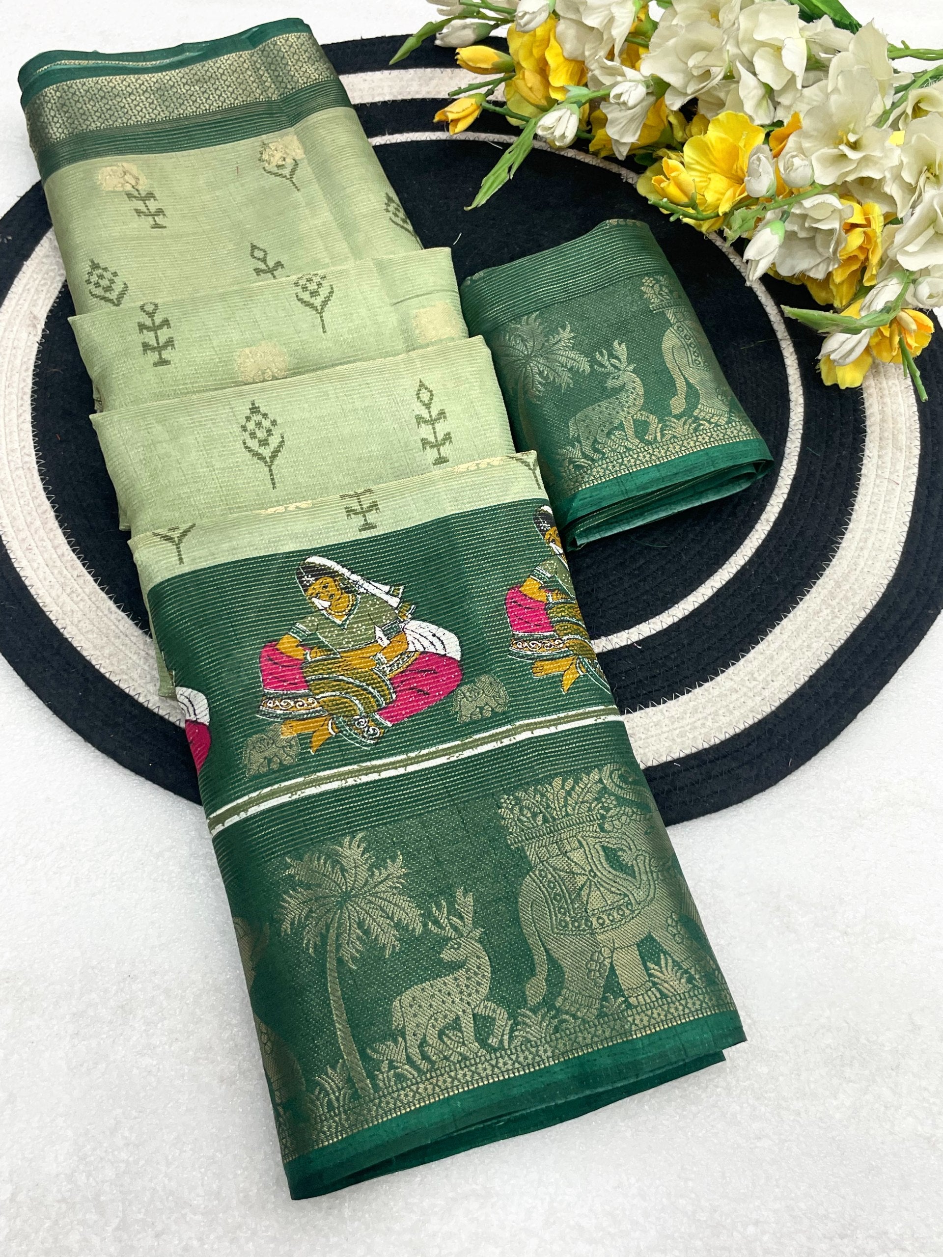 Elegant Two-Tone Floral Moss Mellow Saree with Jacquard Border & Designer Blouse - GREEN