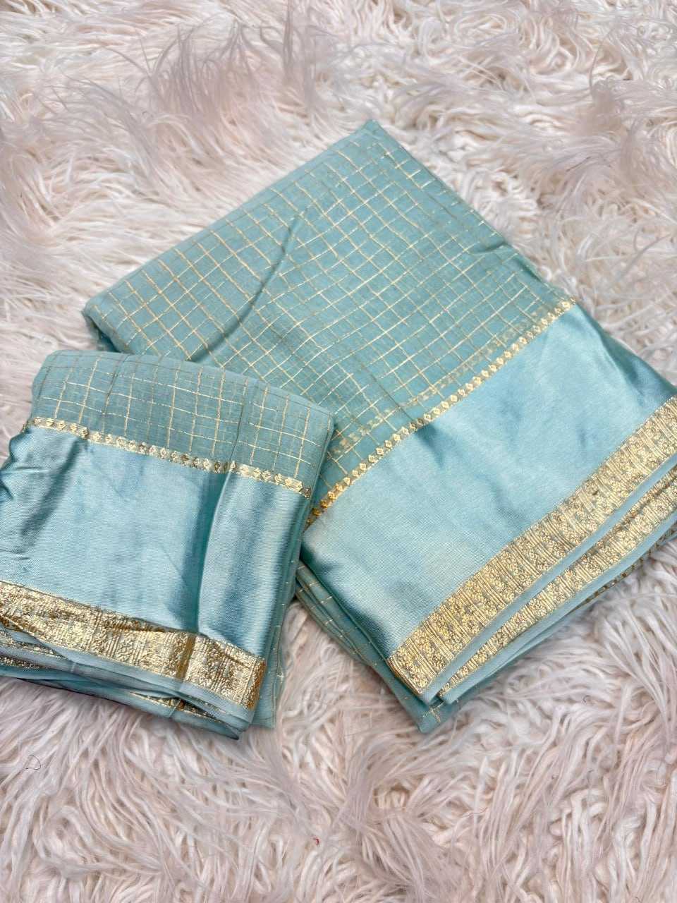 Charming Sky Viscose Georgette Fabric With Satin Border Work Saree With Blissful Blouse Piece